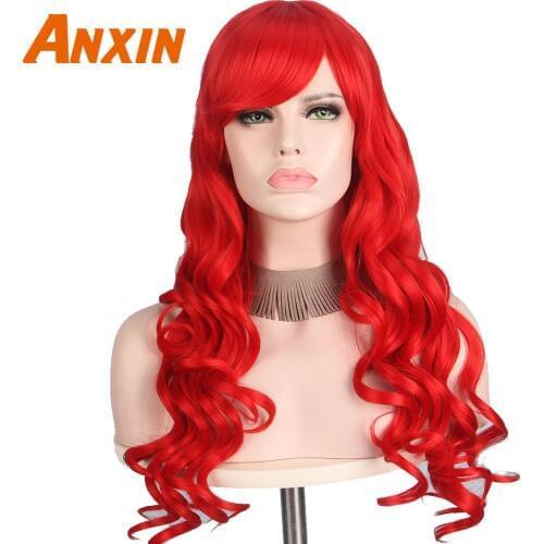 Anxin Long Deep Wave Wig 26'' Red With Bangs Women Party Anime Cosplay Wig