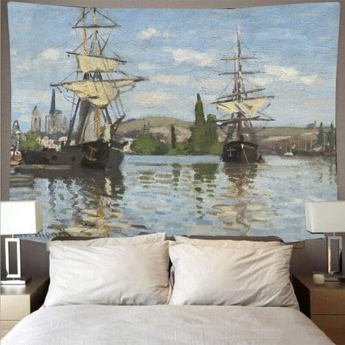 Boho decor sailboat tapestry wall fabric Impressionism painting wall cloth home decor blanket
