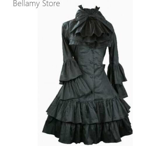 Gothic Lolita Black Vintage College Style Long Trumpet Sleeves Dress