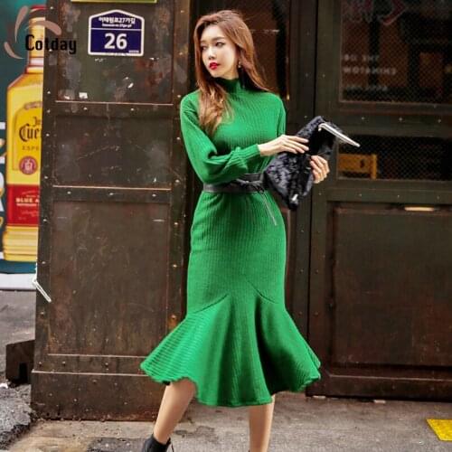 Cotday Women Long Sleeve Celebrities Knit Loose Turtleneck Streetwear Waistband Temperament Fish 2021 Green High Collar Dress