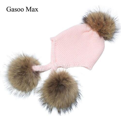 Children Bomber Hats with Fur Pom Poms Winter hat Wool Knitted Crochet Baby Hats Baby Beanie Apparel Accessories