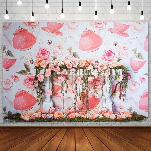Tea Party Backdrop Pink Floral Girl Baby Shower Birthday Decor Portrait Photography Background Photoshoot Studio Photozone Props