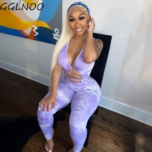GGLNOO Bandage Tie Dye Hollow Out Rompers Womens Jumpsuit Fitness Sleeveless Push Up Party Jumpsuits V Neck Sexy Hot GG23245