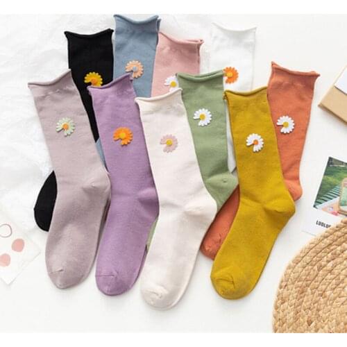 Candy Color Cute Women Socks Japan Ins Cartoon Thin Mesh Daisy Chrysanthemum In Tube Socks Trend Happy Funny Cotton Socks Girls