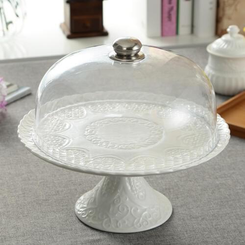 Ceramic Relief Compote Cake Stand Plate with Cover Decorative Porcelain Stem Dessert Serving Tray Fruits Dinnerware Utensil
