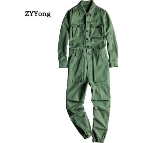 Mens Jumpsuit Long Sleeve Lapel Beam Feet Cotton Bib Overalls Hip Hop Streetwear Loose Large Size Cargo Pants Freight Trousers
