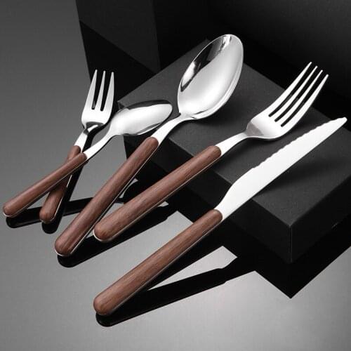 Walnut Round End Tableware 430 Stainless Steel Knife, Fork and Spoon Set Imitation Wood Western Steak Knife Fork and Spoon.01