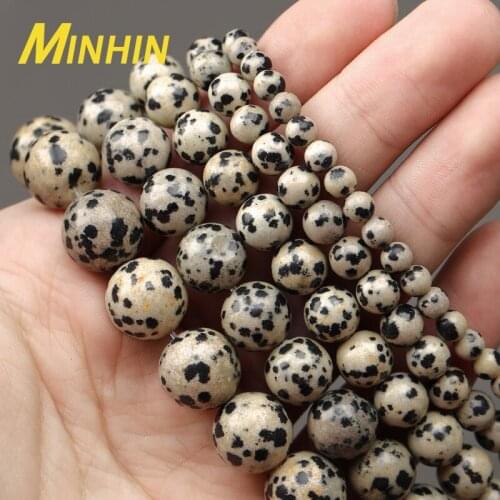 MINHIN 4/6/8/10/12mm Natural Stone White Spot Jasper Round Loose Beads For Jewelry Making DIY Bracelet Necklace Accessories 15