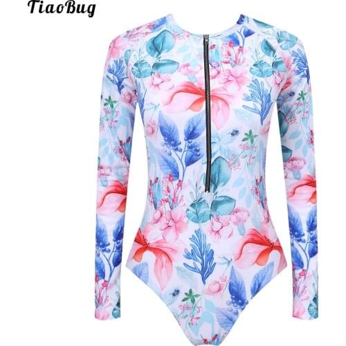 TiaoBug Summer Women 1Pc Floral Print Bodysuit Swimwear Round Neck Long Sleeve Detachable Pads Front Zipper Closure Jumpsuit