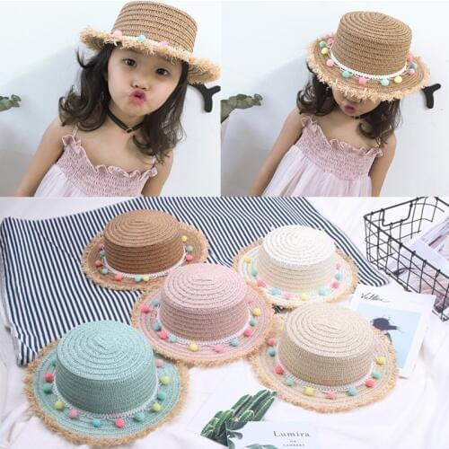 Cute Child Girls Straw Hat Color Ball Sun Hat Kids Large Brim Beach Cap Summer Hat Flat Top fedora Hat Boys casquette gorras