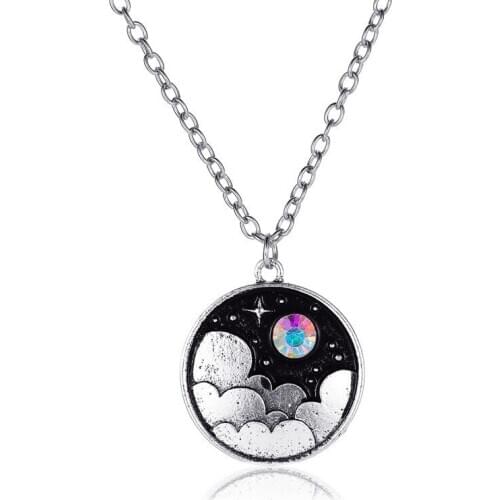 Fashion Round Pendant Necklace Crescent Moon and Clouds Night Sky Necklace Creative Art Glass Cabochon Necklace Jewelry Gift