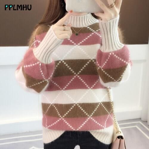 Fashion half turtleneck striped patchwork knitted pullovers women Casual loose Imitated mink sweater Winter warm long sleeve to