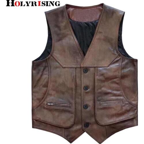 Leather vest mens multi-pocket top cowhide retro slim waistcoat vest suit L-5XL Natural leather Men Jacket 19307