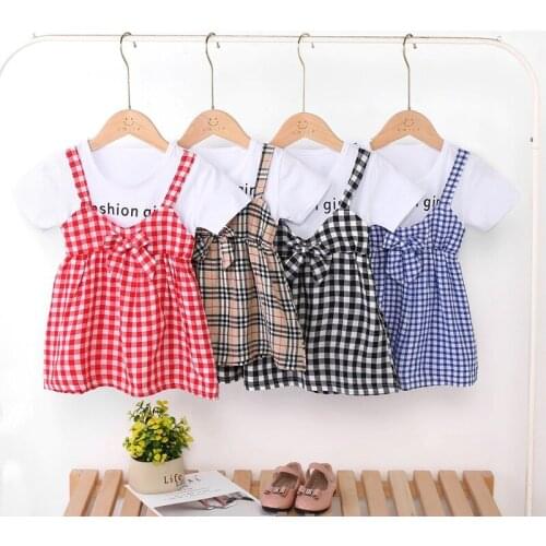 Infants Everyday Clothes Summer Newborn Baby Girls Dresses Fake T-shirt Cute Plaided Suspender Skirt Children Sling Dress 1-5Y