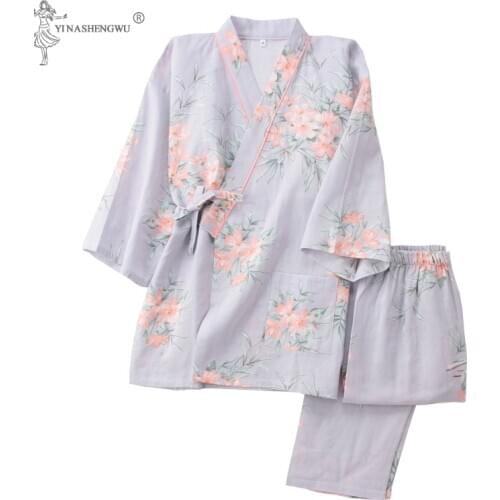 Autumn 2PCS Japanese Kimono Pajamas Set Pure Cotton fashion Women Yukata Thin Print Japan Sweat Steaming Suit Lover Clothing