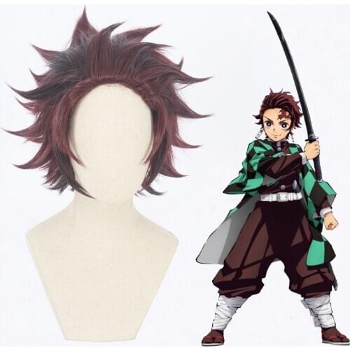 Demon Slayer: Kimetsu no Yaiba Tanjiro Kamado Short Chestnut Brown Heat Resistant Hair Cosplay Costume Wig + Wig Cap