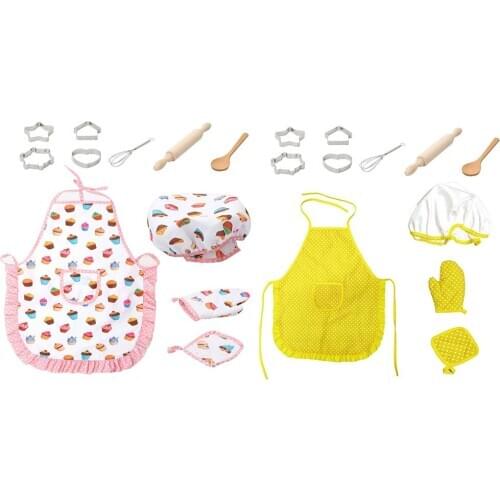 Complete Children Chef Role Play Apron Costume Outfit Set with Cooking Baking Tool Toys for Little Girl Cookies Pretend Play Toy