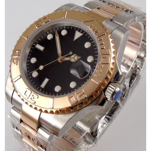 Rose Gold Coated Japan NH35 24 Jewels Automatic Male Wristwatch Brushed Bezel Insert