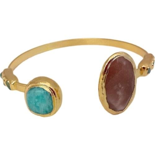 YYGEM Natural Green Peruvian Amazonite Sunstone Gold Electroplated Bangle Bracelet