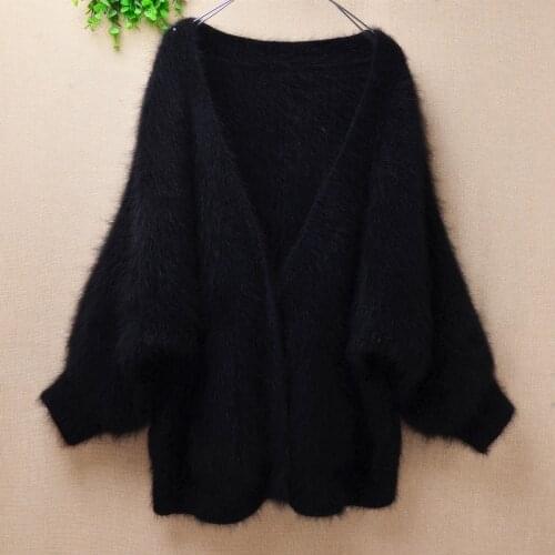 Female women winter thick warm mink cashmere knitted v-neck long batwing sleeves loose cardigans angora fur sweater jacket coat