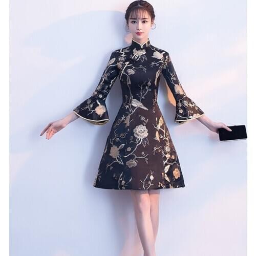 Elegant traditional women Chinese dress 2018 hot sale three-quarter flare sleeve tunic embroidery oriental dress women FF002