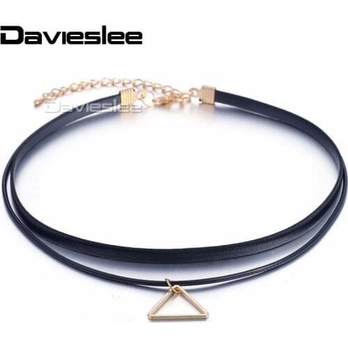 5mm Fashion Women Girl Sexy Elegant 2 Strands Black Man Made Leather Collar Choker Necklace w Gold Triangle Charm LUN114