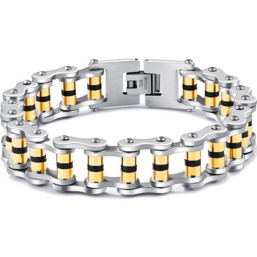 Granny Chic Mens Chain Gold-Color Stainless Steel Bracelet motorcycle Biker Bracelet Fashion Jewelry 16mm 22cm