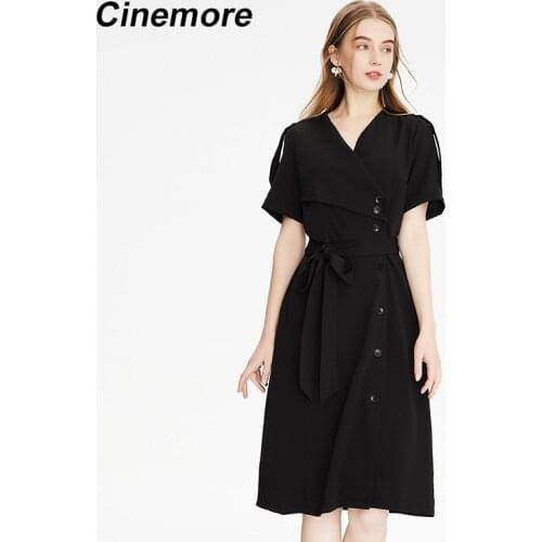Cinemore Summer Dress with Belt Single Breasted V Neck Short Sleeve Work Dress for Women Loose Casual 2021 maxi dresses Q92260