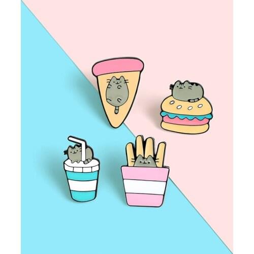 Fast Food Cats Enamel Pin Custom Hamburger Pizza Soda Brooches Bag Lapel Pin Cartoon Animal Badge Jewelry Gift for Kids Friends