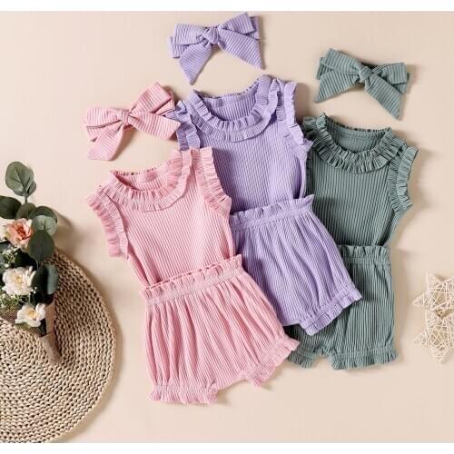 3PCS Baby Newborn Girls Solid Ribbed Sets Sleeveless O Neck Romper PP Shorts Bow Headband Infant Toddler Summer Outfits 0-18M