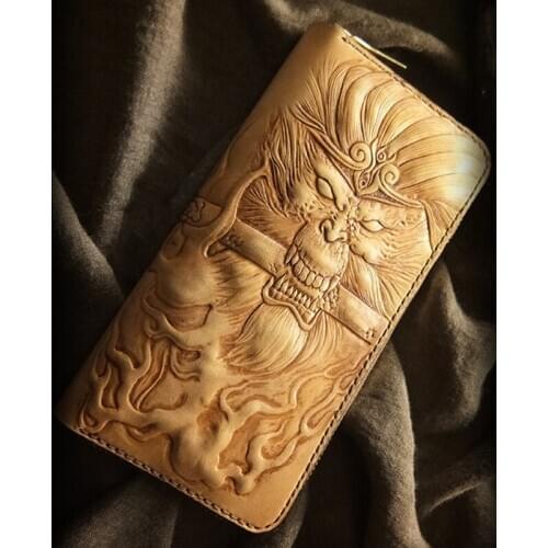 Handmade Carving Monkey King Women Wallets Card Holder Purses Long Wallets Clutch Genuine Leather Men Purse