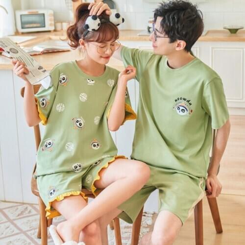 Summer Pajamas Cotton Cartoon Womens Kawaii Yellow Lace Sleepwear Suit Couple Freshing Green Sleepwear Mens Plus Size Home Wear