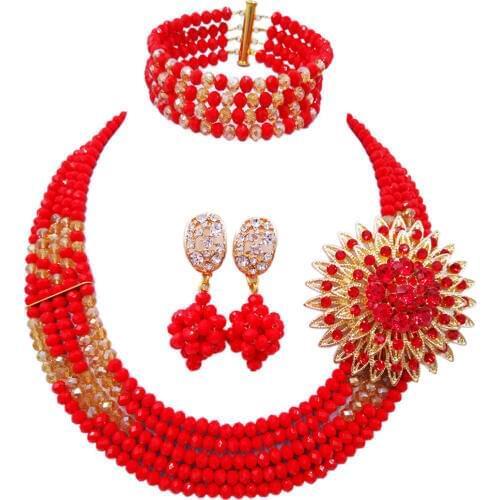 Fashion Opaque Red Gold Multi Strands Nigerian Wedding Necklace Costume African Beads Jewelry Set for Women 5L-YH09