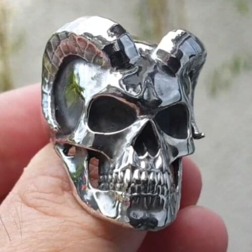 Gothic Punk Mens Stainless Steel Ring Vintage Satan Evil Rams Skull Ring Hip-Hop Rock Biker Jewelry For Male Accessories Gift