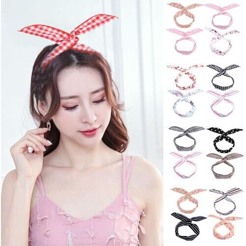 New 2Pcs Women Fashion Polka Dot Stripes Plaid Hair Hoop Headbands Headwear Hairband Hair Accessories Bandanas