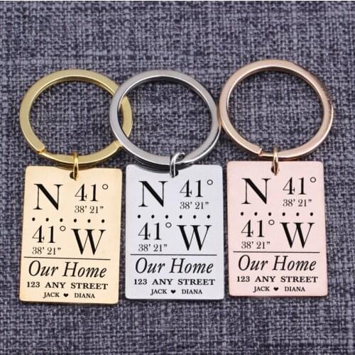 Customized Latitude and Longitude Keychian Personalized Home Names Keyring For Couple Jewelry Valentines Day Gifts Bag Charm