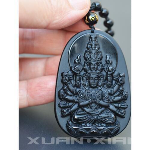 Natural Obsidian Stone Pendant Thousand Hands Guanyin Bodhisattva Pendant Necklace Avalokitesvara Pendant Mens Jades Jewelry