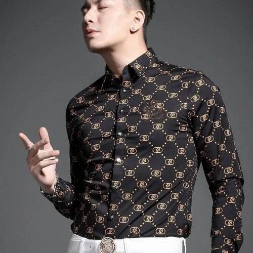 Mens High-end Plaid Long-sleeved Shirt, Slim-fit Casual Lapel Printed Pattern Long-sleeved Shirt Clothes Button Down Shirts