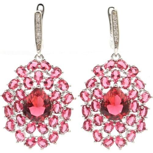 45x23mm Elegant Big European Design Silver Earrings Jewelry Created Pink Raspberry Rhodolite Garnet Women Wedding Dating