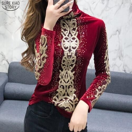 Korean Style Women 2019 Velvet Diamonds Leopard Turtleneck Plus Size Women Tops Black Long Sleeve Top Shirts Women 7853 50
