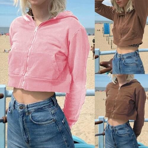 Womens Fashion Solid Color Zipper Hooded Short Sweater Jacket