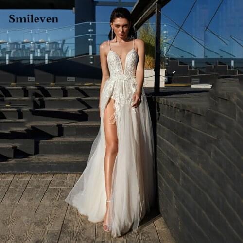 Smileven Spaghetti Straps Beach Wedding Dress Boho vestido de noiva Side Split Lace Bridal Dress Backless Feather Wedding Gowns