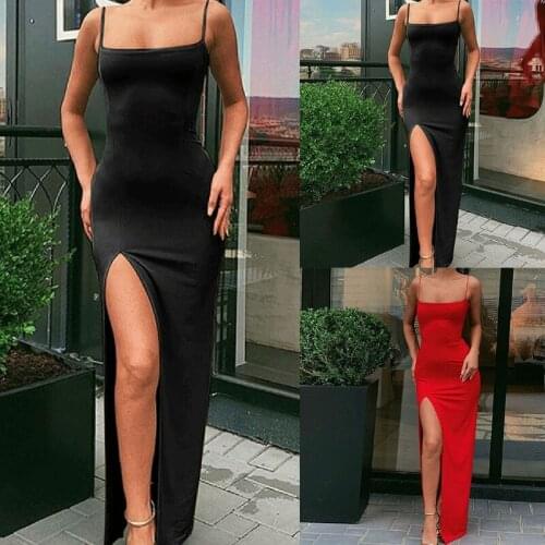 Women Sexy Spaghetti Strap Off Shoulder Bodycon Maxi Long Dress Solid Color Side High Split Sleeveless Evening Clubwear