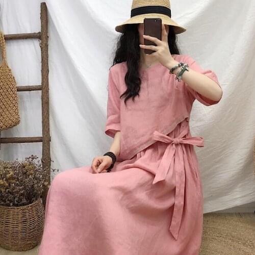 Women Loose Linen Embroidered Summer Dress Ladies Vintage Flax Patchwork Dress Female False 2 piece dresses 2020