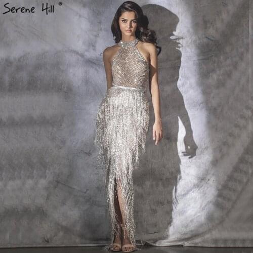 Sliver Mermaid Tassel Luxury Halter Rhinestones Evening Dress Sleeveless Mermaid Slit Robe de Soiree Serene Hill DLA60776