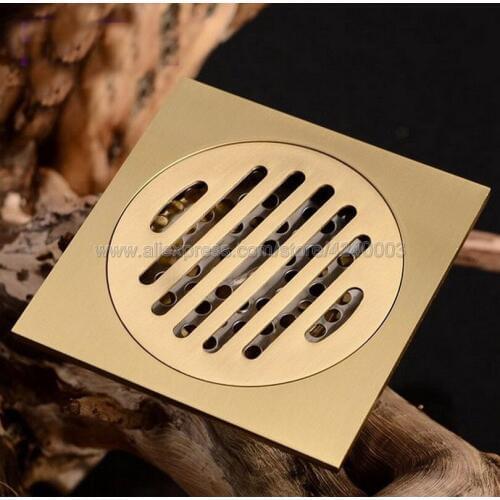 10 cm Square Golded Brass Shower Drain Hair Strainer Art Carved Bathroom Accessories Waste Grate Floor Drain Cover Khr008