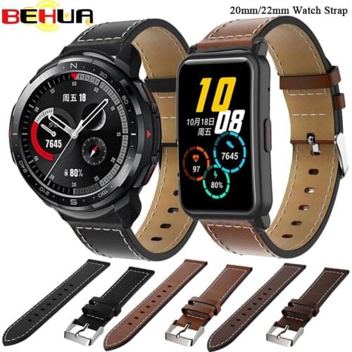 20mm/22mm Leather Strap Watch Bands For Huawei Honor Watch ES / GS Pro Smartwatch Bracelet with pin Correa Wristband Accessories