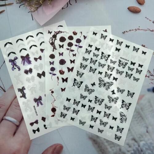 3D Nail Stickers Dark Bow Butterfly Flowers Design DIY Tips Nail Art Decoration Packaging Self-adhesive Transfer Decal Slider
