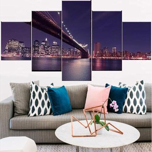 5 Pieces Wall Art Canvas Painting City Night Landscape Bridge Poster Modern Living Room Wall For Home Decoration Pictures