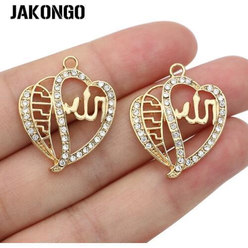 JAKONGO Gold Color Crystal Heart Allah Charms Pendant Necklace Earrings Accessories Jewelry Making DIY Craft 28x24mm 5pcs